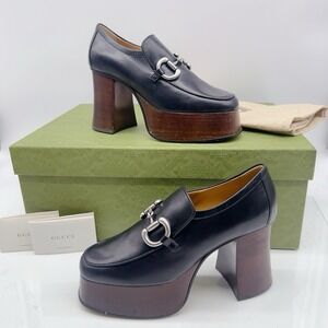 Gucci Horsebit Women's Platform High Heel Pumps Loafers Black Leather EU 36 US 6